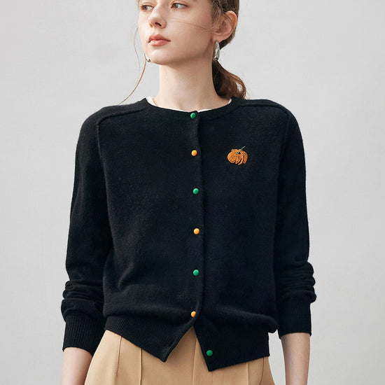 COMOBOCA Black 100% Cashmere Women's Pumpkin Embroidery Knit Cardigan