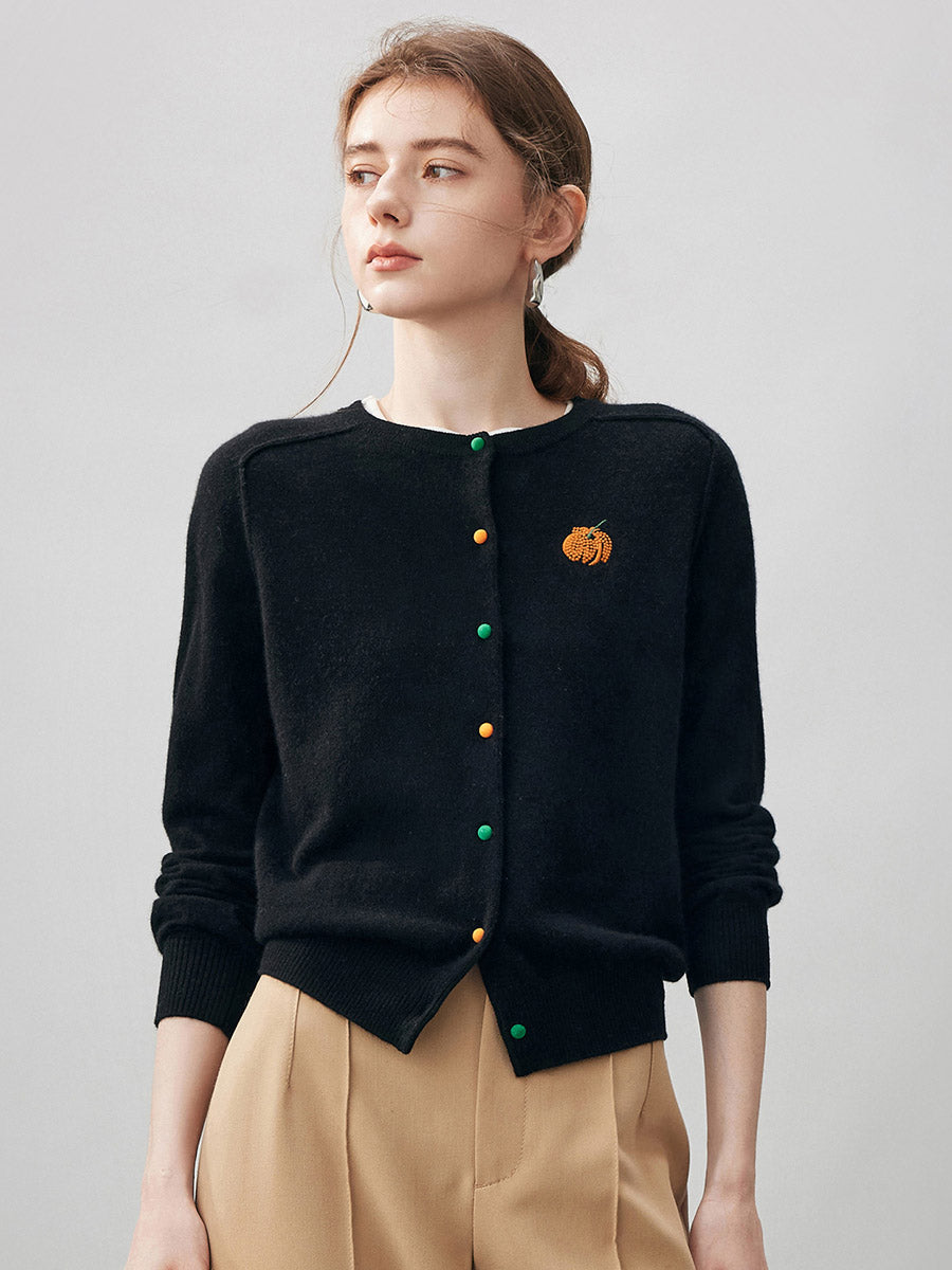 COMOBOCA Black 100% Cashmere Women's Pumpkin Embroidery Knit Cardigan