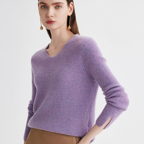 COMOBOCA 100% Cashmere Women's V-Neck Ribbed Knit Sweater