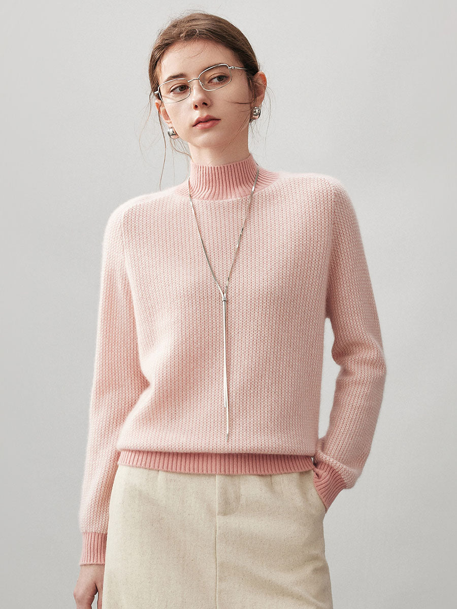COMOBOCA Pink 100% Cashmere Women's Mock Neck Knit Sweater