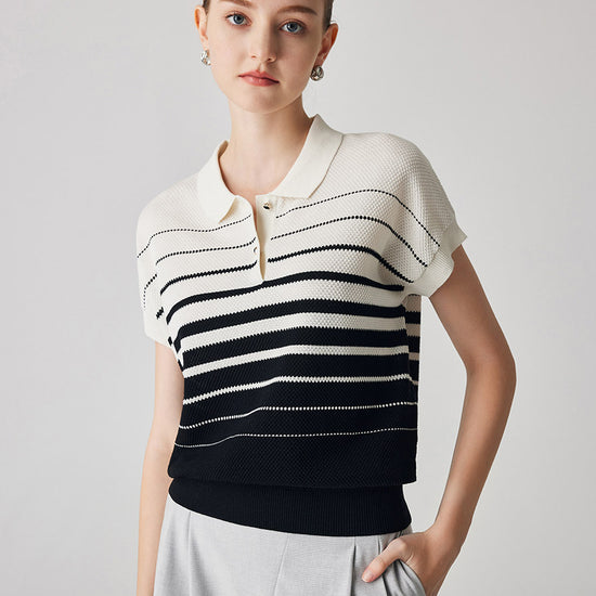 COMOBOCA Women's Striped Polo Knit T-Shirt
