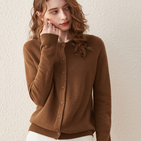COMOBOCA BROWN 100% Wool Women's Round Neck Knit Cardigan