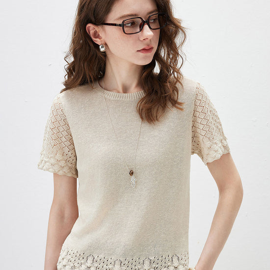 COMOBOCA Beige Women's Lace Trim Knit T-Shirt