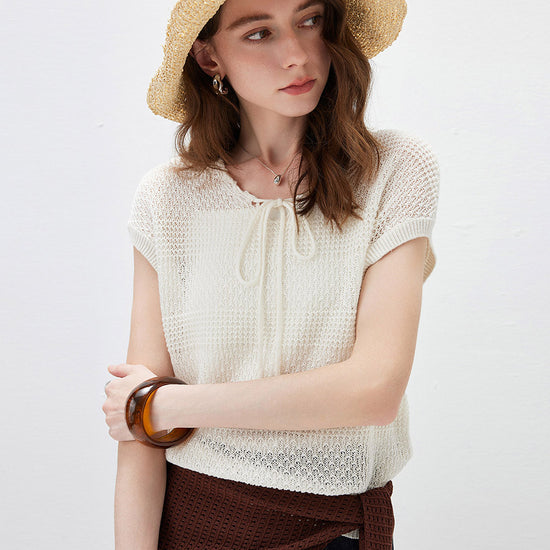 COMOBOCA Women's Tie-Neck Textured Knit Cap Sleeve Top