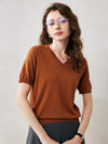 COMOBOCA Brown Women's Lyocell V-Neck Ribbed Knit T-Shirt