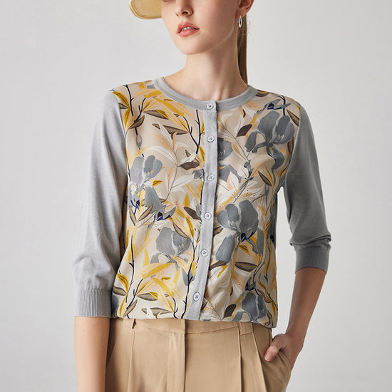 COMOBOCA Gray Women's Floral Patterned Button-Down Cardigan