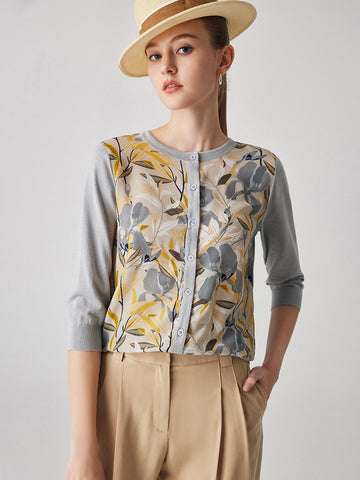 COMOBOCA Gray Women's Floral Patterned Button-Down Cardigan