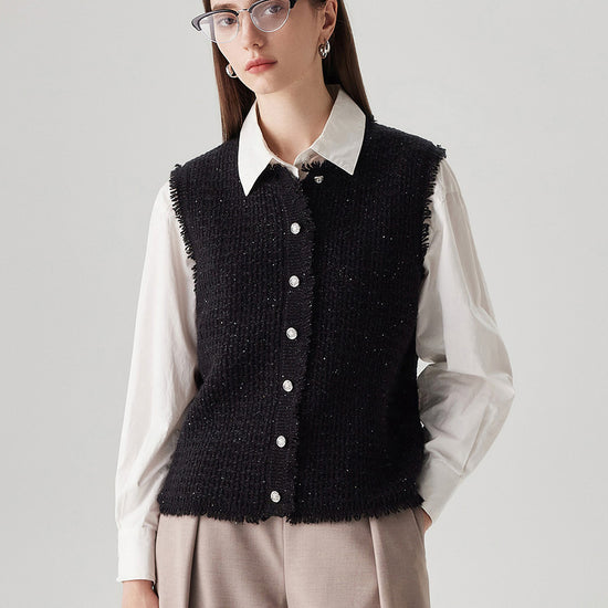 COMOBOCA Black 100% Wool Women's Button Down Frayed Hem Knit Vest