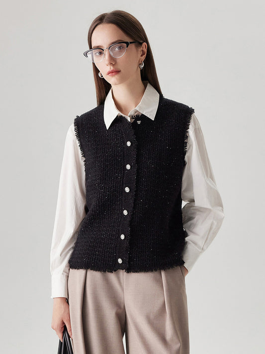 COMOBOCA Black 100% Wool Women's Button Down Frayed Hem Knit Vest