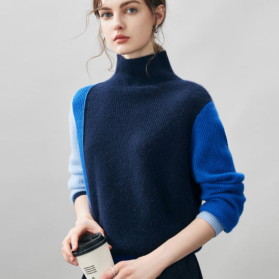 COMOBOCA 100% Cashmere Women's Color Block Turtleneck Sweater