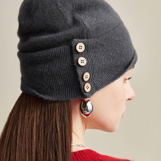 COMOBOCA 100% Cashmere Women's Button Decorated Knit Beanie