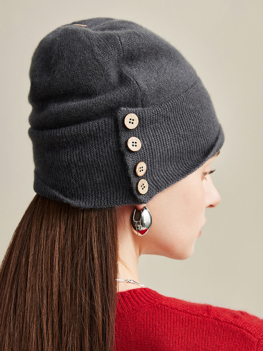 COMOBOCA 100% Cashmere Women's Button Decorated Knit Beanie
