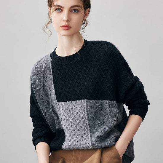 COMOBOCA 100% Cashmere Women's Patchwork Cable Knit Sweater