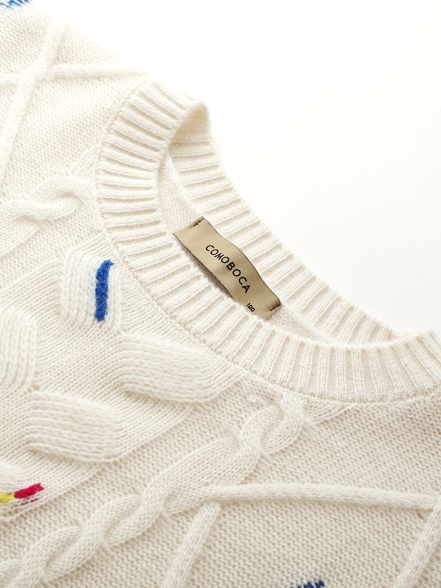 COMOBOCA 100% Cashmere Women's Cable Knit Colorful Accents Sweater