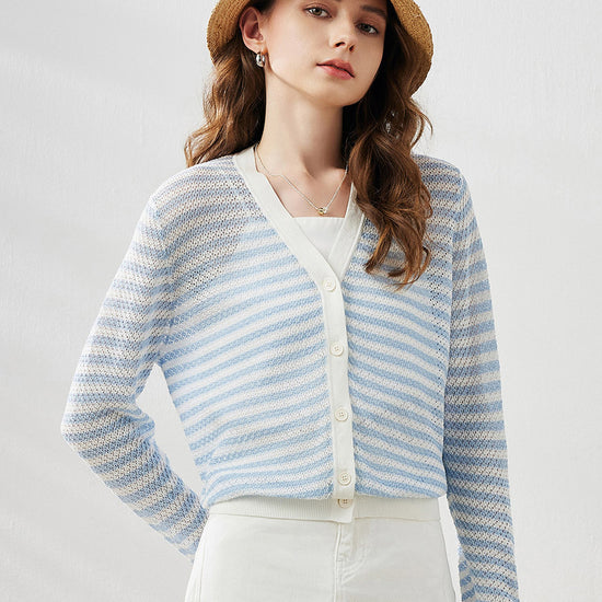 COMOBOCA Women's Striped Ribbed Cardigan