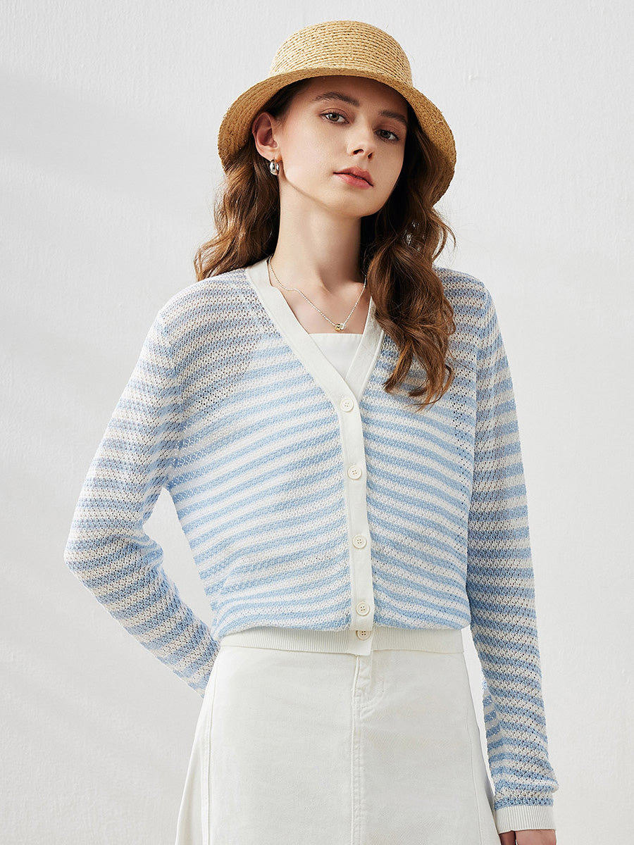 COMOBOCA Women's Striped Ribbed Cardigan