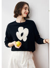 COMOBOCA Black 100% Cashmere Women's Floral Knit Sweater