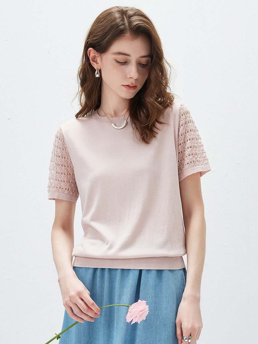 COMOBOCA Women's Lace Round Neck Knit T-Shirt