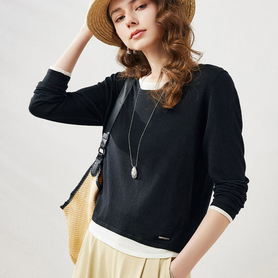 COMOBOCA Black Women's Layered Round Neck Knit Sweater