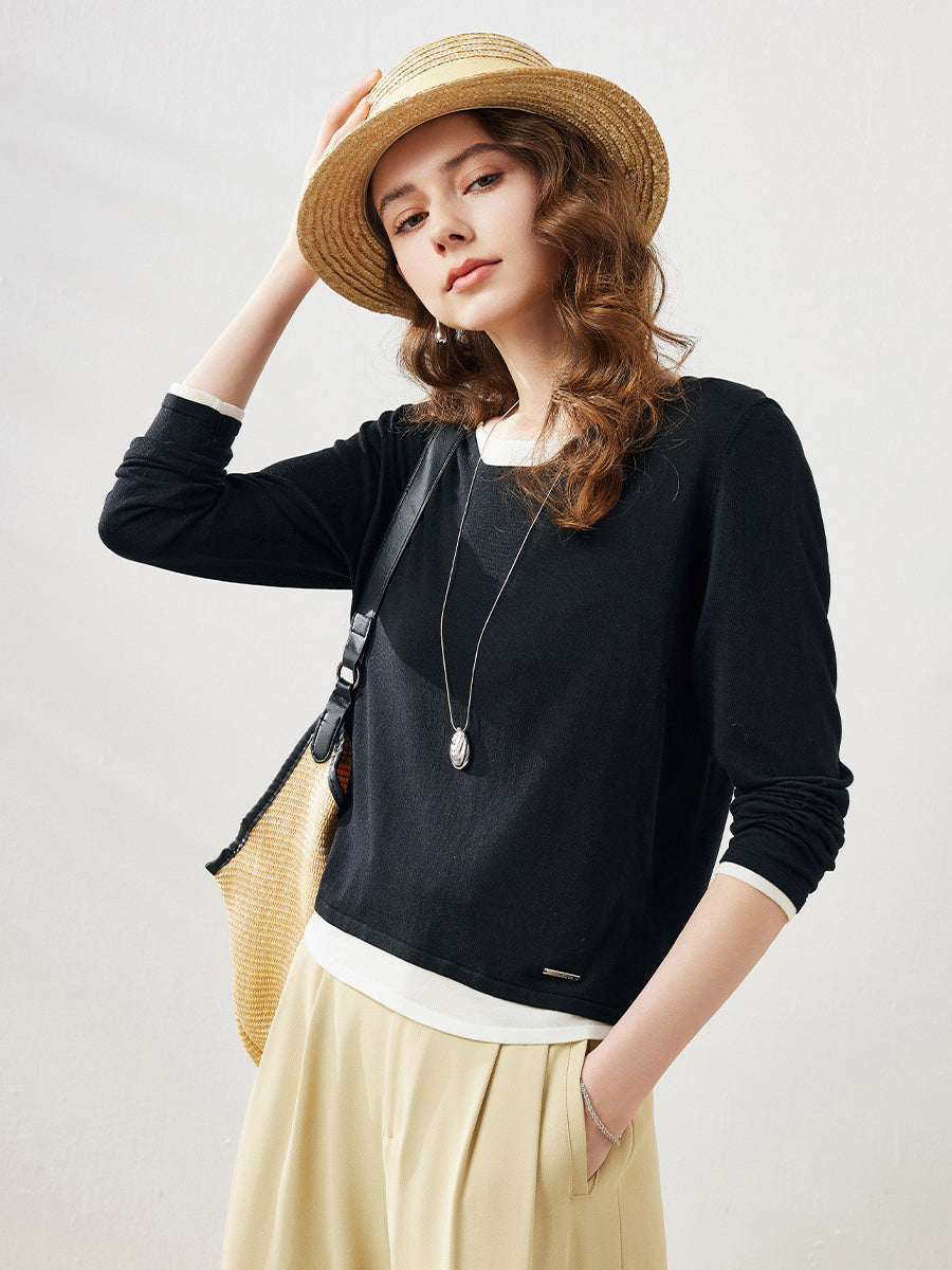 COMOBOCA Black Women's Layered Round Neck Knit Sweater