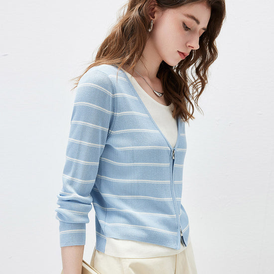 COMOBOCA Women's Striped Ribbed Knit Faux 2-in-1 Zip Cardigan