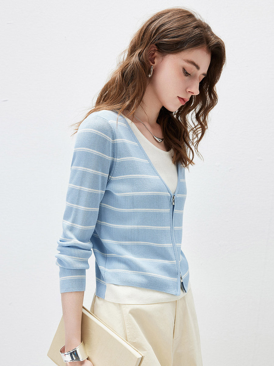 COMOBOCA Women's Striped Ribbed Knit Faux 2-in-1 Zip Cardigan