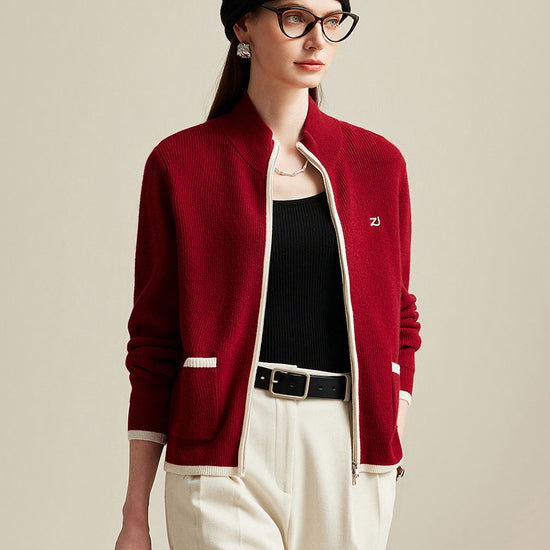 COMOBOCA Red 100% Cashmere Women's Contrast Trim Dual Zip Pocket Cardigan
