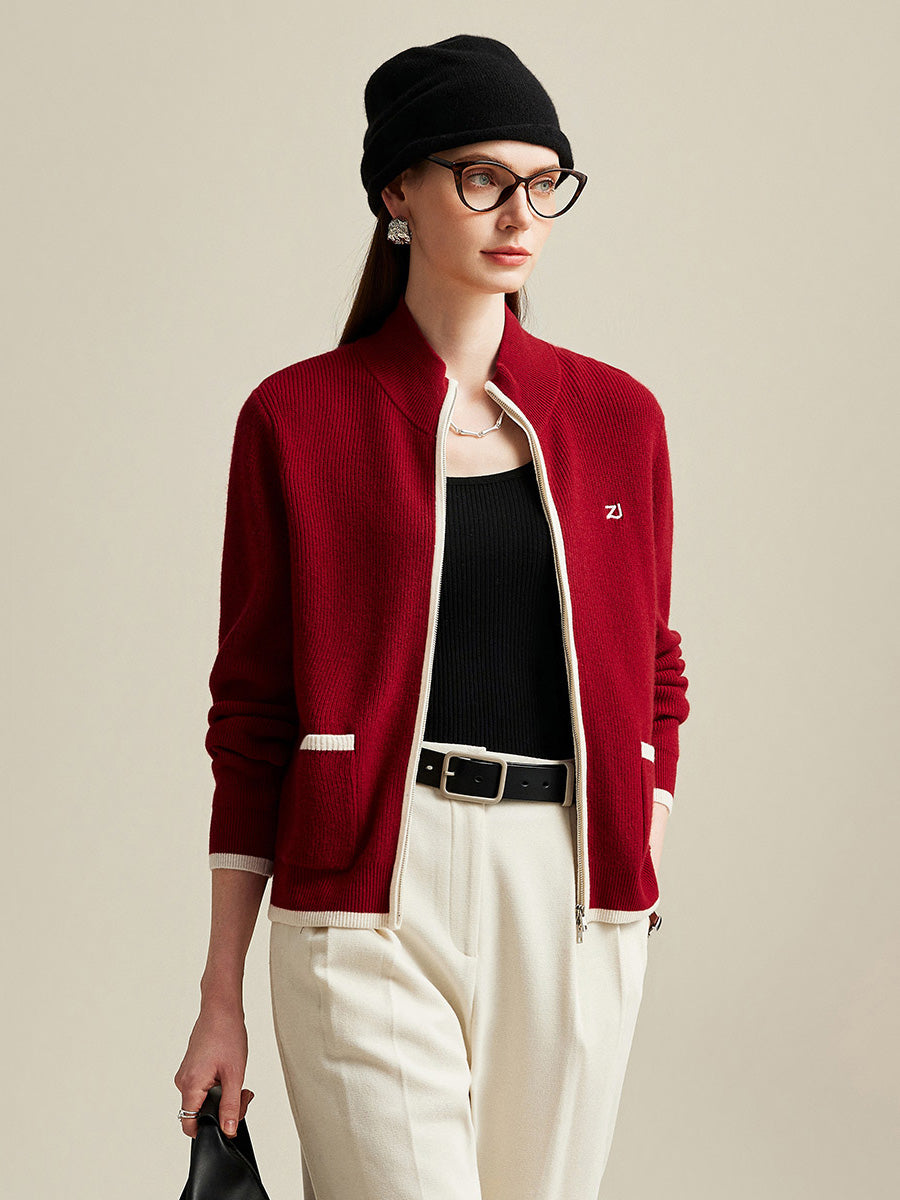 COMOBOCA Red 100% Cashmere Women's Contrast Trim Dual Zip Pocket Cardigan