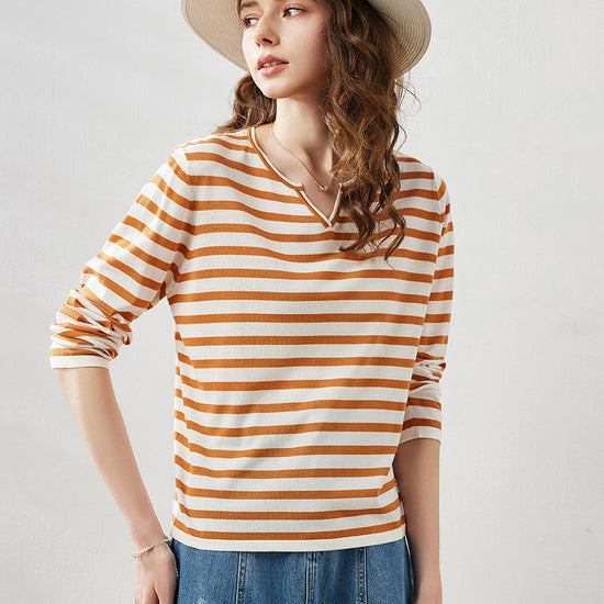 COMOBOCA Women's Striped Long Sleeve V-Neck T-Shirt