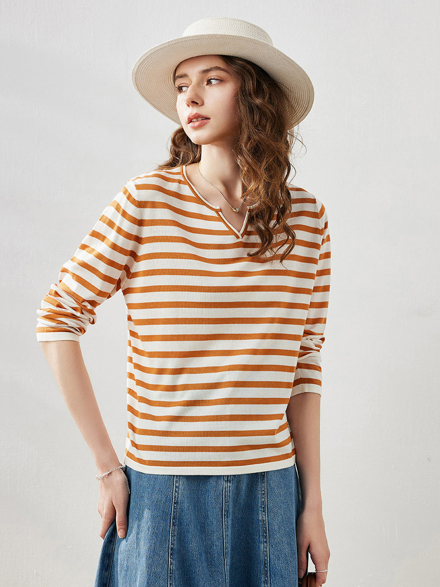 COMOBOCA Women's Striped Long Sleeve V-Neck T-Shirt