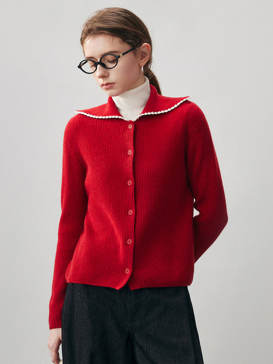 COMOBOCA Red 100% Cashmere Women's Contrast Trimmed Collared Knit Cardigan