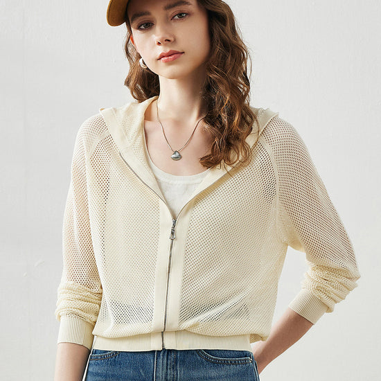 COMOBOCA Cream Women's Ribbed Mesh Zip-Up Hoodie