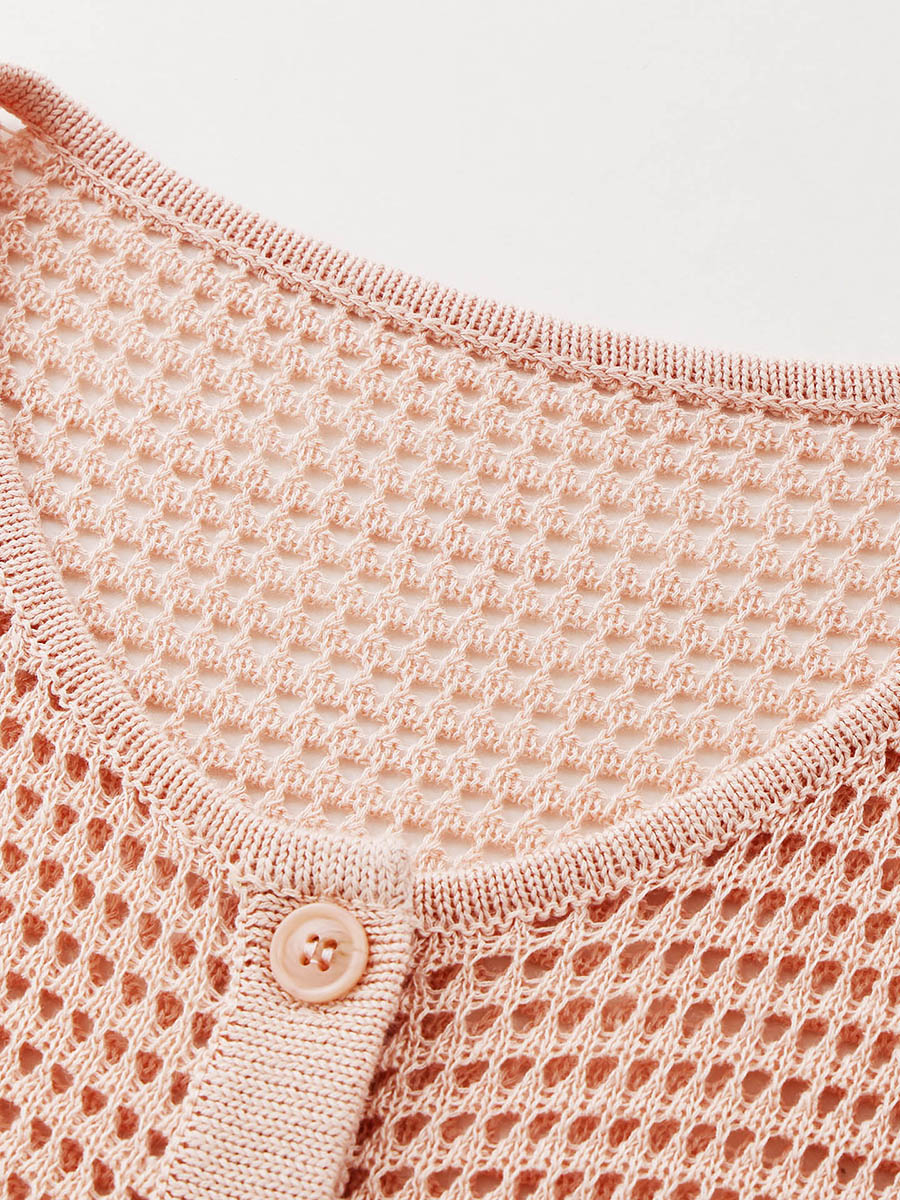 COMOBOCA Women's Openwork Mesh Knit Button Front Top