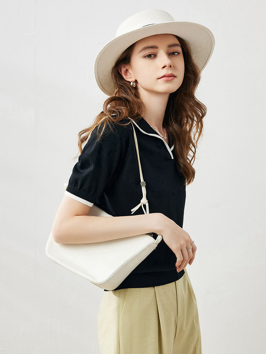 COMOBOCA Black Women's Casual Contrast Trim Polo T-Shirt