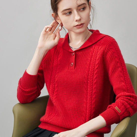 COMOBOCA 100% Cashmere Women's Cable Sailor Collar Sweater