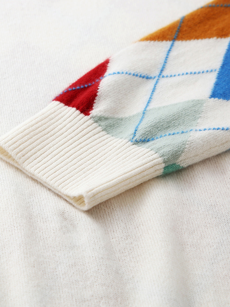 COMOBOCA 100% Cashmere Women's Argyle Pattern Colorful Knit Sweater