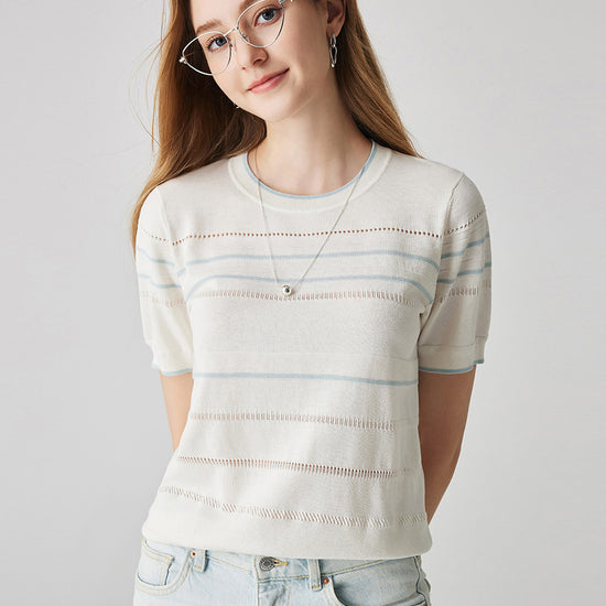 COMOBOCA Women's Relaxed Fit Striped Knit T-Shirt