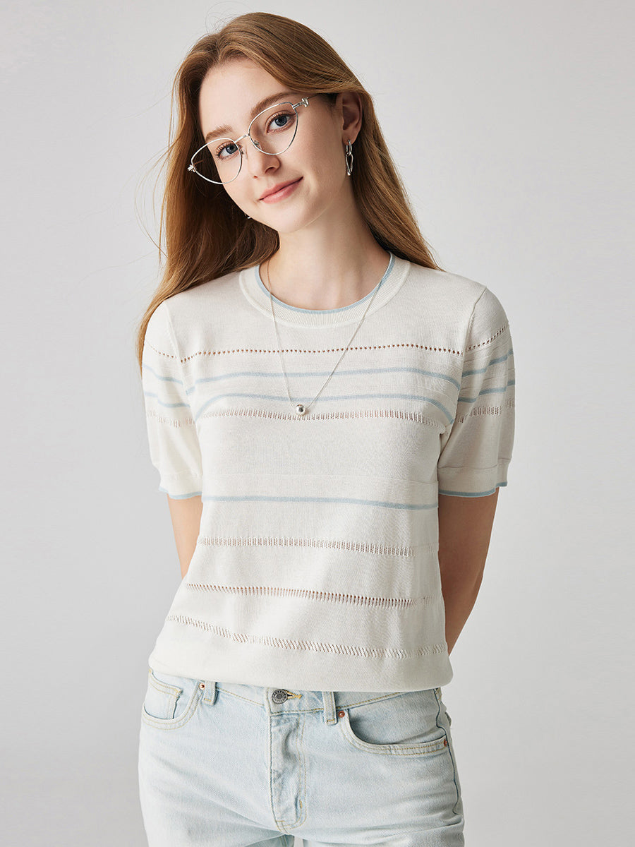 COMOBOCA Women's Relaxed Fit Striped Knit T-Shirt