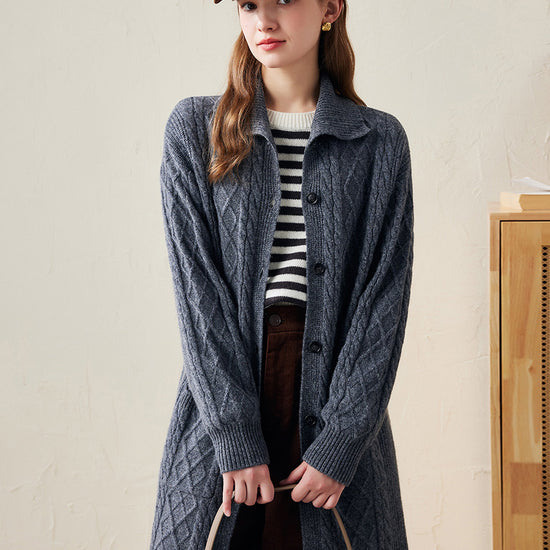 COMOBOCA Navy Blue 100% Wool Women's Cable Knit Long Front Button Coat