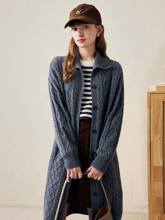 COMOBOCA Navy Blue 100% Wool Women's Cable Knit Long Front Button Coat