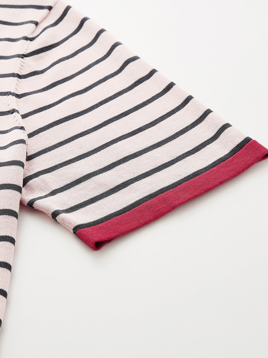 COMOBOCA Women's Striped Ribbed Contrast Trim T-Shirt