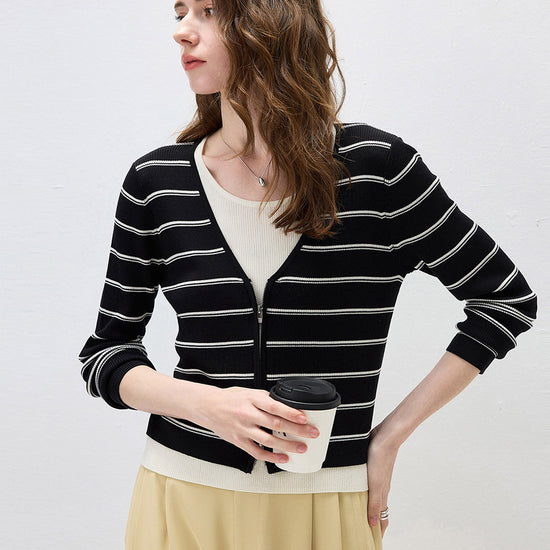 COMOBOCA Women's Striped Ribbed Knit Faux 2-in-1 Zip Cardigan