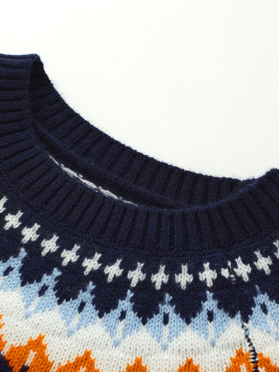 COMOBOCA 100% Wool Kids' Fair Isle Round Neck Sweater