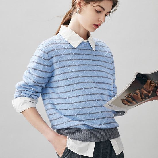 COMOBOCA 100% Cashmere Women's Striped Round Neck Knit Sweater