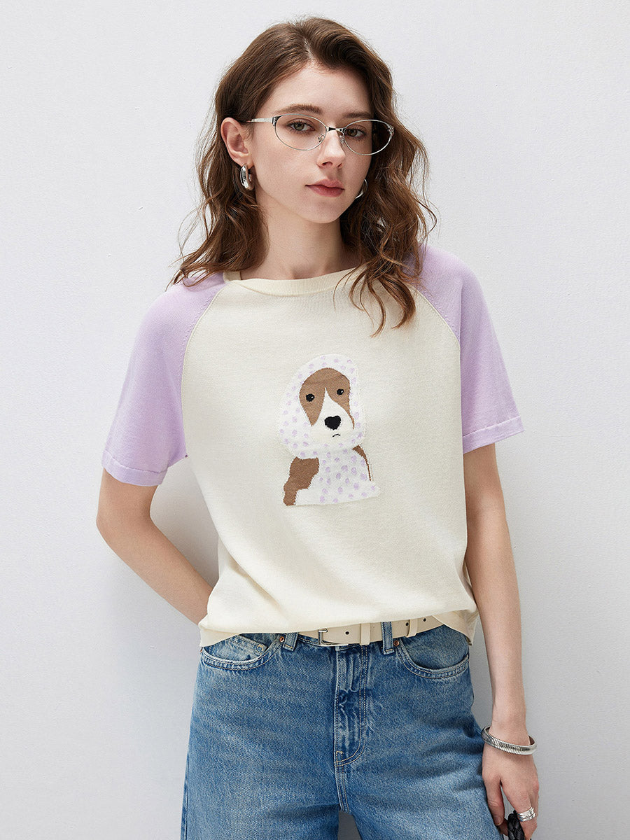 COMOBOCA Light Pink Women's Puppy Intarsia Raglan Sleeve Knit T-Shirt