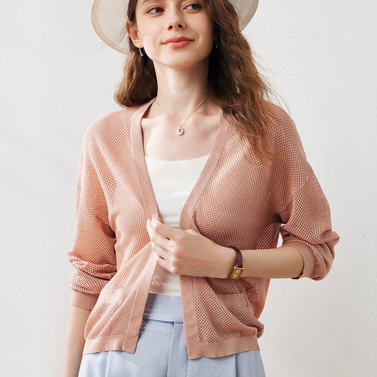 COMOBOCA Pink Women's Open Front Mesh Knit Cardigan