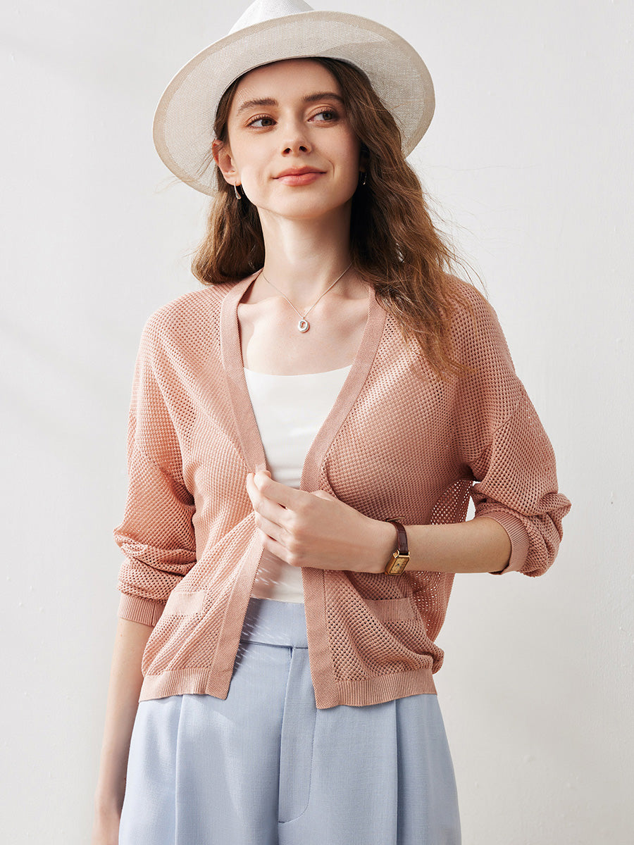 COMOBOCA Pink Women's Open Front Mesh Knit Cardigan