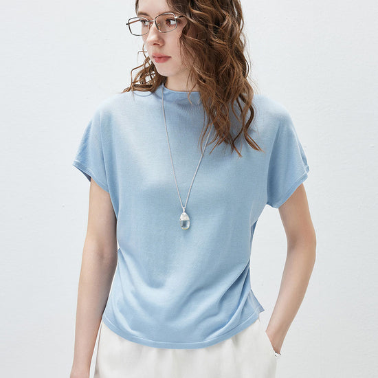 COMOBOCA Light Blue Women's Side Ruched Mock Neck Knit T-Shirt