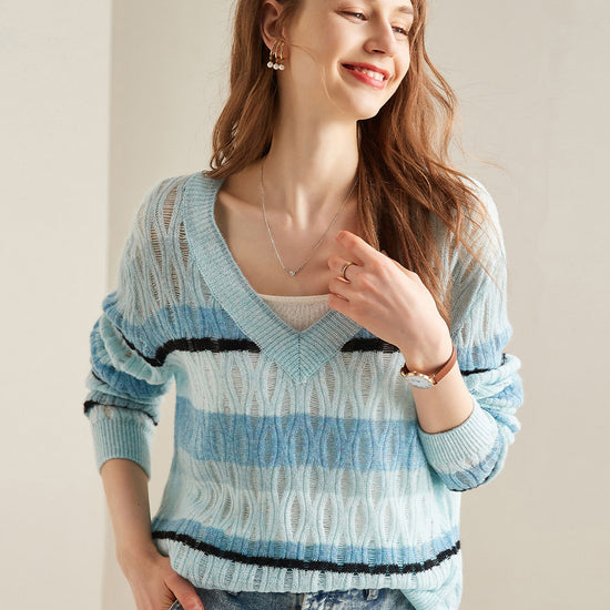 COMOBOCA Light Blue 100% Cashmere Women's Striped V-Neck Knit Sweater