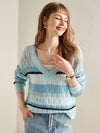 COMOBOCA Light Blue 100% Cashmere Women's Striped V-Neck Knit Sweater